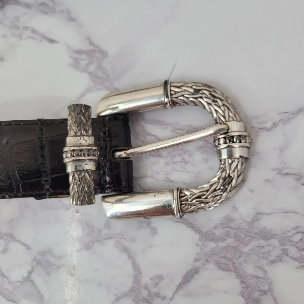 Vintage Black Italian Calfskin Leather Belt with Silver Tone Hardware
